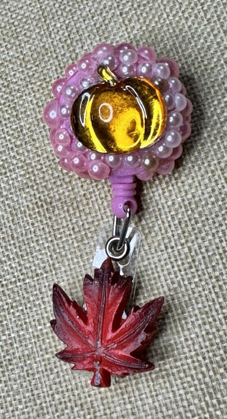 Fall Pumpkin with Pink Pearls Retractable Reel ID Badge Handmade Alligator Clip